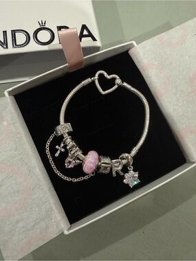 Pandora Silver Charm Bracelet with Pink Opal Bead and Heart Clasp